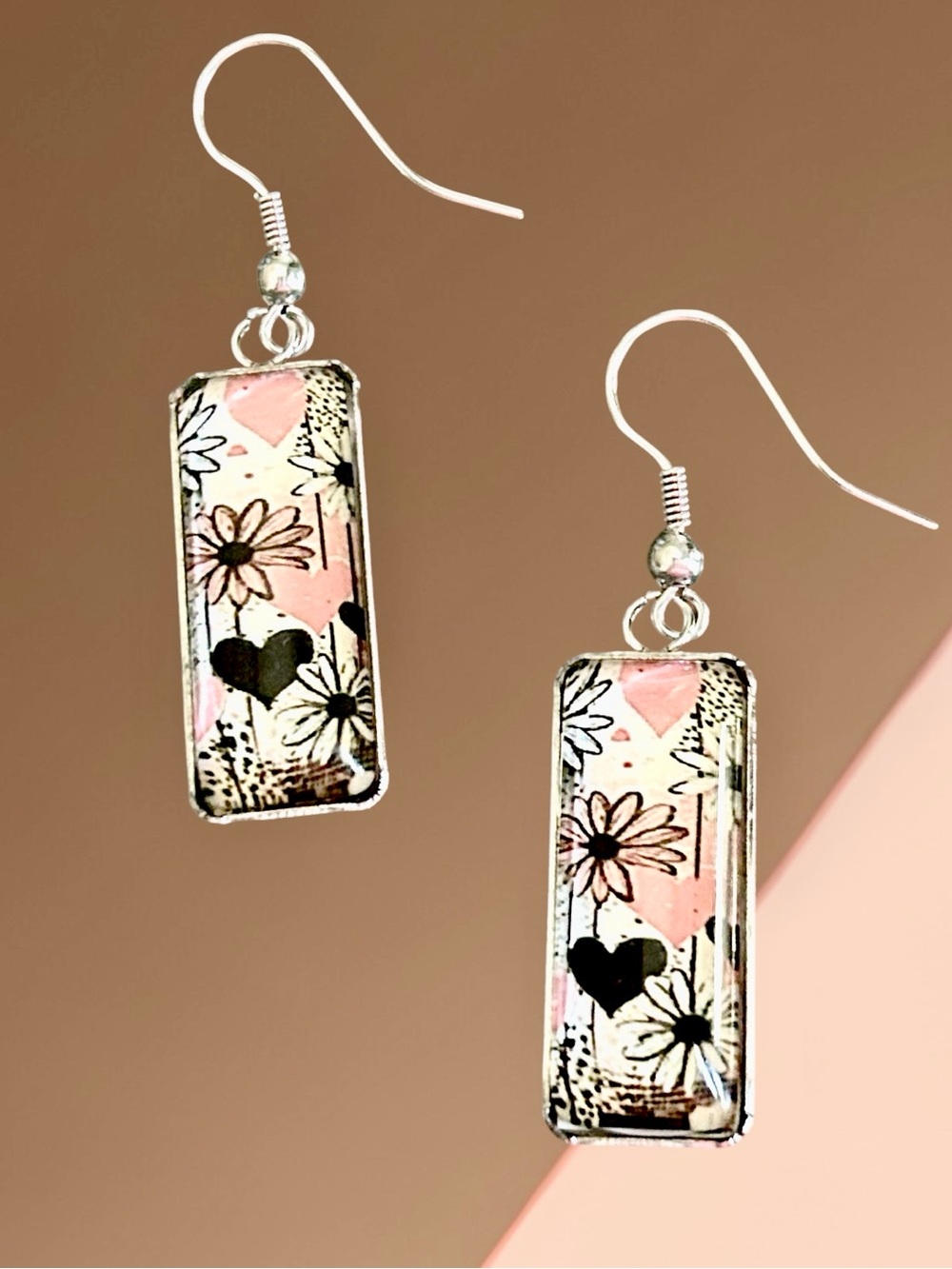 Delicate Rectangular Pink, White and Black Floral Heart Print Drop Earrings